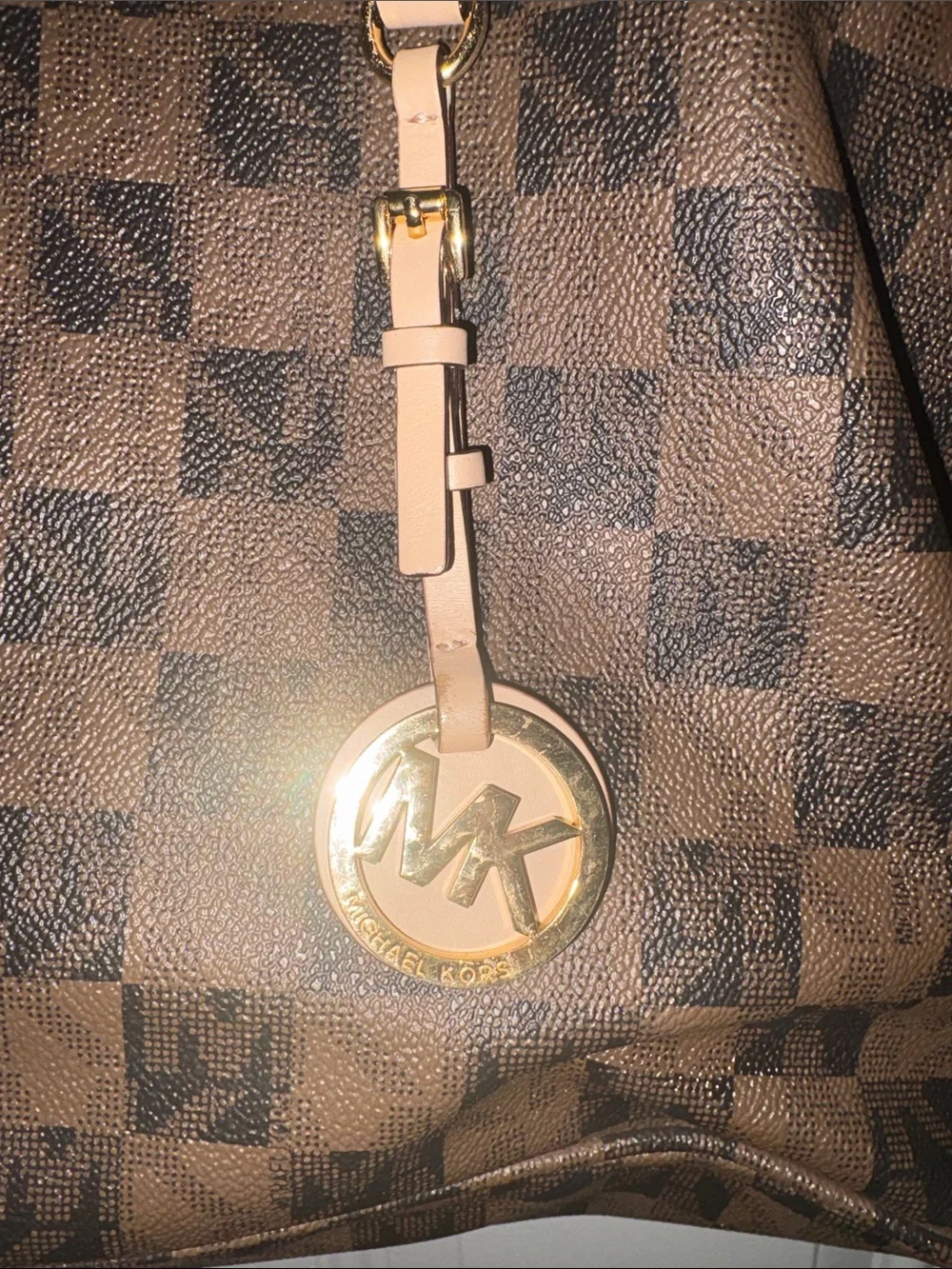 Michael Kors Dark Brown Checkered Tote with Gold MK Charm